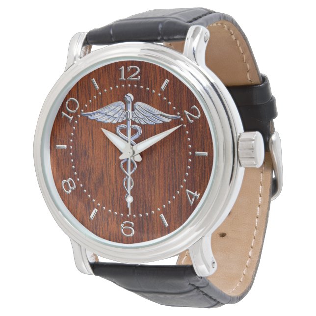 Silver som Caduceus Medical Symbol Mahogany Dial Armbandsur (Vinklad)