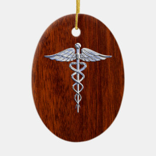 Silver som Caduceus Medical Symbol Mahogany Skriv Julgransprydnad Keramik