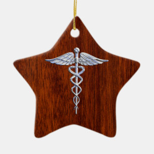Silver som Caduceus Medical Symbol Mahogany Skriv Julgransprydnad Keramik