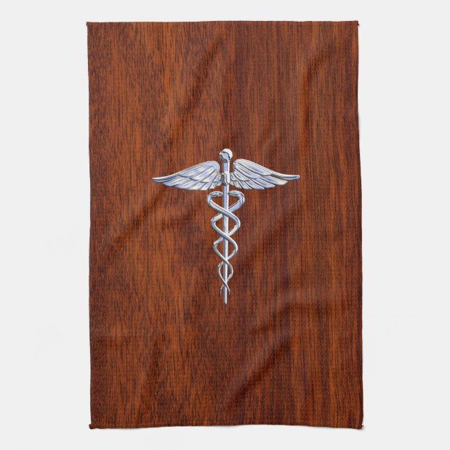 Silver som Caduceus Medical Symbol Mahogany Skriv  Kökshandduk (Vertikal)