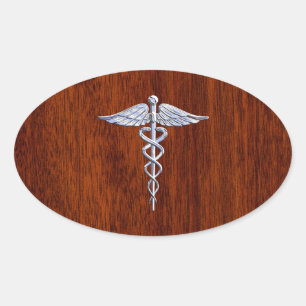 Silver som Caduceus Medical Symbol Mahogany Skriv Ovalt Klistermärke