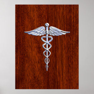 Silver som Caduceus Medical Symbol Mahogany Skriv  Poster