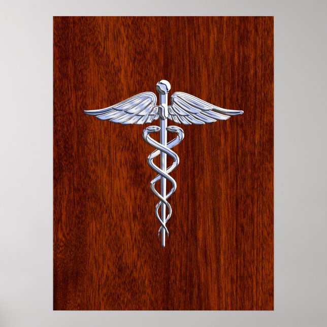Silver som Caduceus Medical Symbol Mahogany Skriv  Poster (Framsidan)