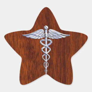 Silver som Caduceus Medical Symbol Mahogany Skriv  Stjärnformat Klistermärke
