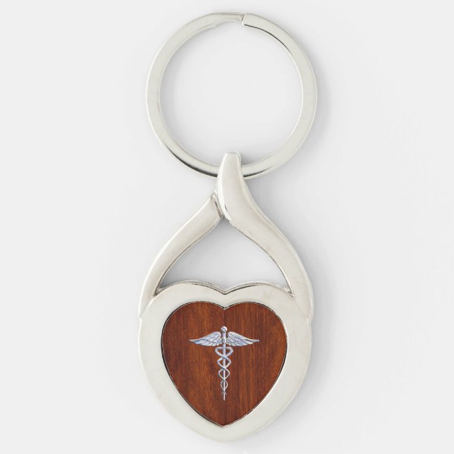 Silver som Caduceus Medical Symbol Mahogany Skriv  Twisted Heart Silverfärgad Nyckelring (Framsidan)