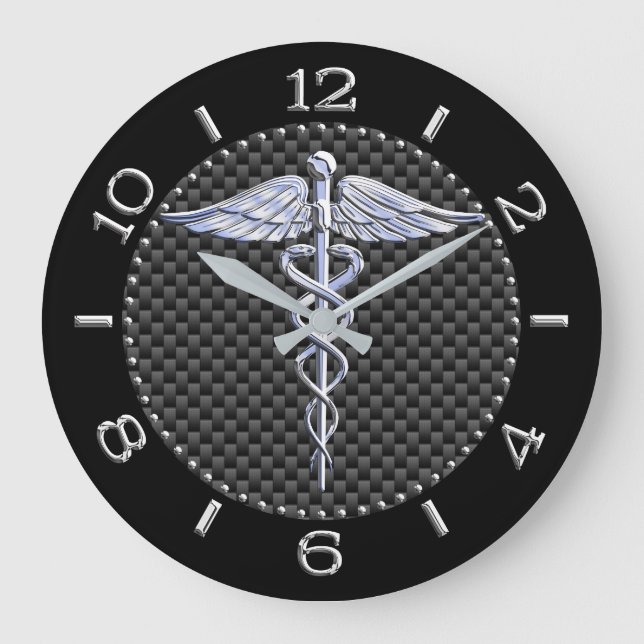 Silver som Caduceus Medicinsk symbol, svart ring Stor Klocka (Framsida)