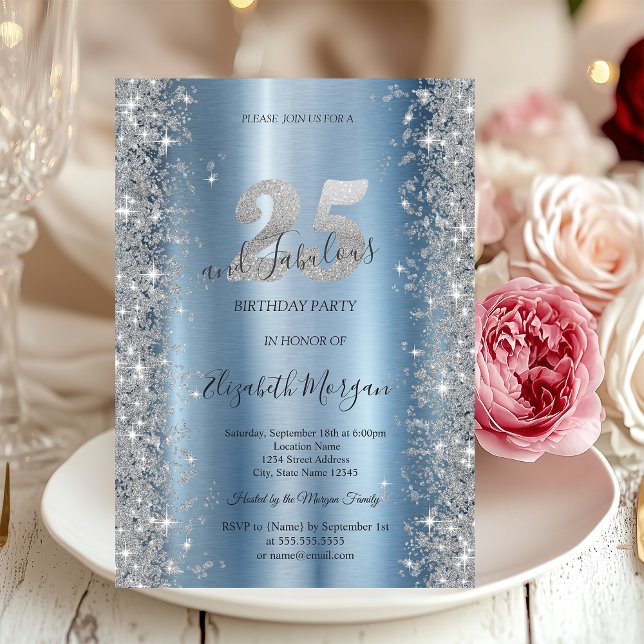 Silver Sparkle Diamanter Blå 25-årsdag Inbjudningar (Skapare uppladdad)