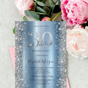 Silver Sparkle Diamanter Blå 30-årsdag Inbjudningar