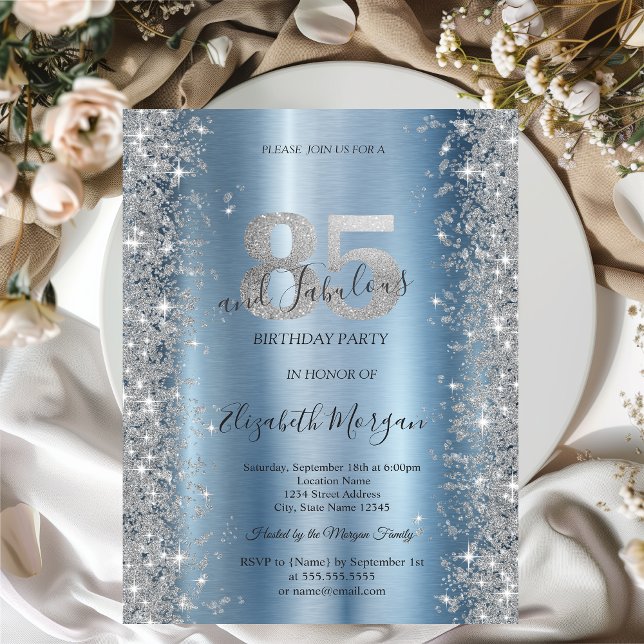 Silver Sparkle Diamanter Blå 85-årsdag   Inbjudningar (Skapare uppladdad)