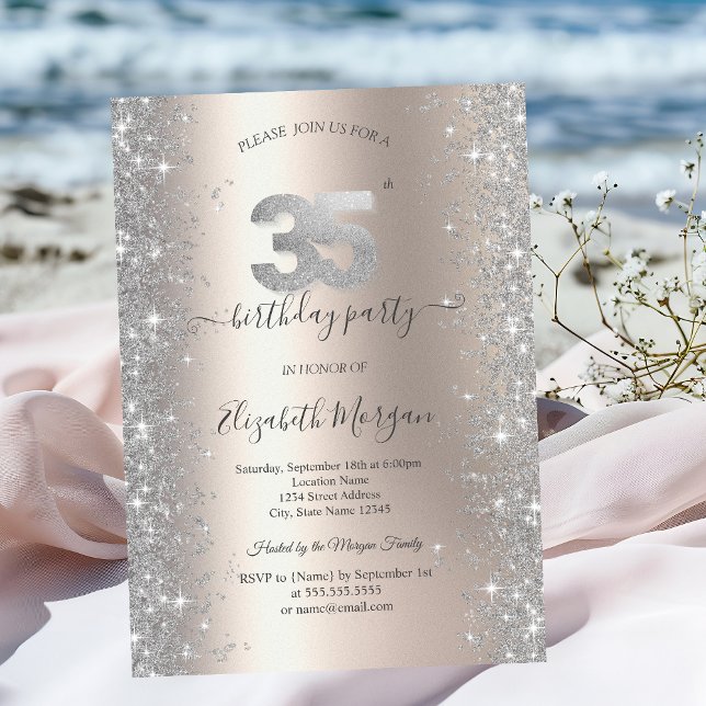 Silver Sparkle Diamonds Elfenben 35-års födelsedag Inbjudningar (Skapare uppladdad)