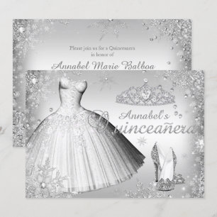 Silver Sparkle Klänning & Tiara Quinceanera Inbjud Inbjudningar