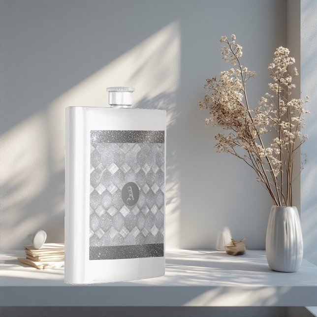 Silver Sparkle Lyx Topografi Metallisk Monogram Fickplunta (Silver Sparkle Luxury Topography Metallic Monogram Flask)