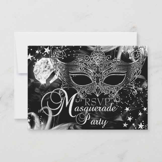 Silver Sparkle Mask Star Night Masquerade RSVP OSA Kort (Framsida)