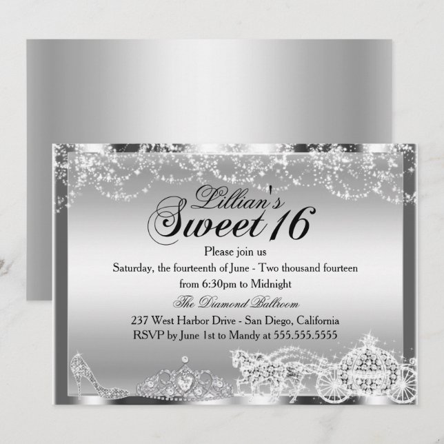 Silver Sparkle Prinsess Tema Söt 16 Inbjudan (Fram/baksida)