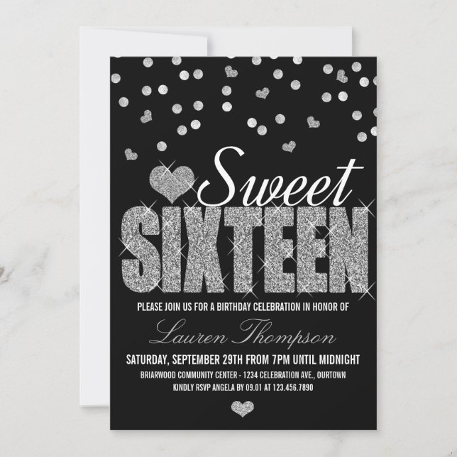 Silver Sparkle Sweet 16-festkort Inbjudningar (Framsida)