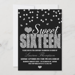 Silver Sparkle Sweet 16-festkort Inbjudningar