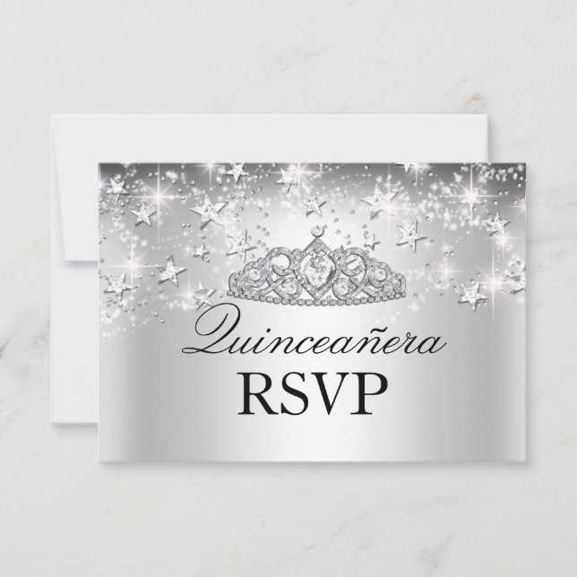 Silver Sparkle Tiara & Stars Quinceanera RSVP OSA Kort (Framsida)