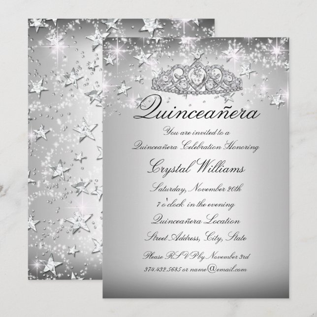 Silver Sparkle Tiara Stjärnor Quinceanera Inbjudan (Fram/baksida)