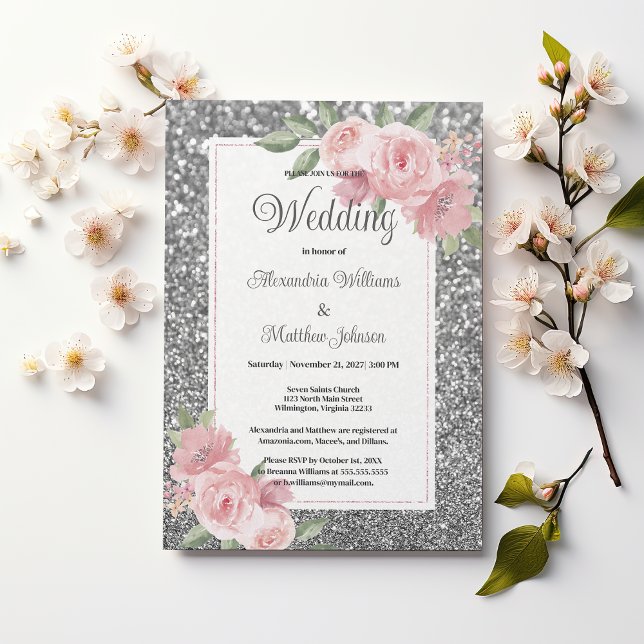 Silver sparkly glitter pink floral Wedding  Inbjudningar (Silver sparkly glitter pink floral Wedding )