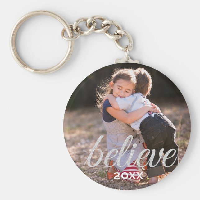 Silver Sparkly tror på julfotfoto Nyckelring (Framsidan)