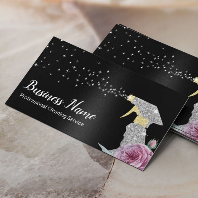 Silver Spray Black för den moderna Städning tjänst Visitkort (Skapare uppladdad)