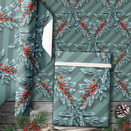 Silver Spruce Red Berries Lattice Stripe Presentpapper