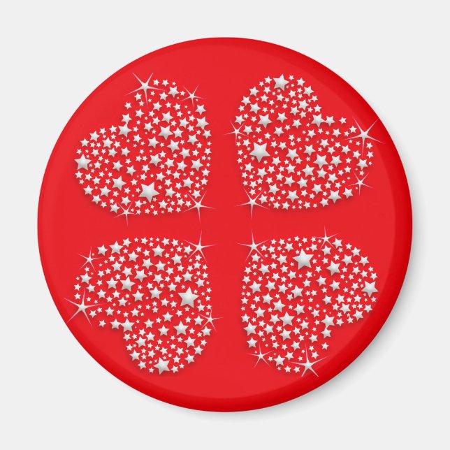 Silver Star Hjärtar på Red Background Magnet (Framsidan)