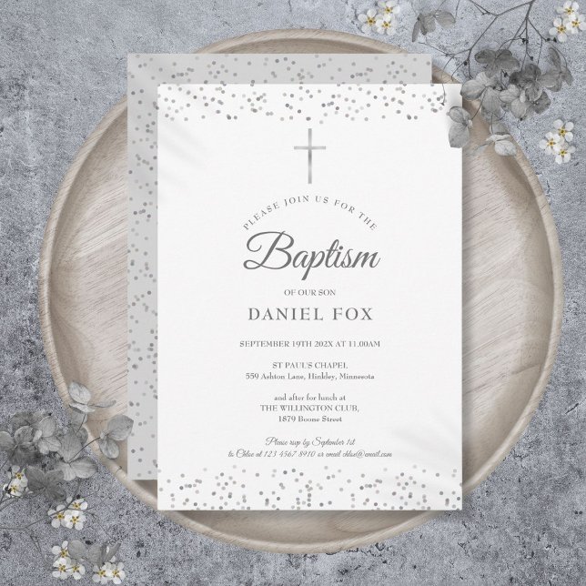 Silver Stardust Dopning Inbjudningar (Silver Stardust Baptism Christening Invitation)