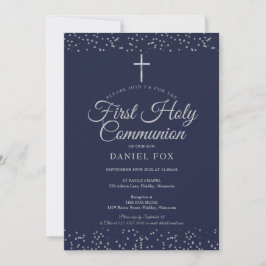 Silver Stardust First Heliga Communion Navy Blue Inbjudningar