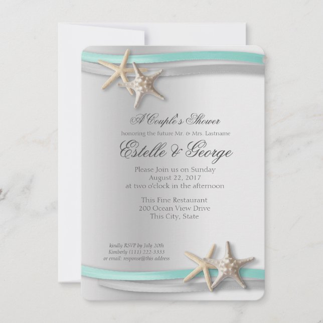 Silver Starfish och Ribbon Couple Shower Inbjudningar (Framsida)