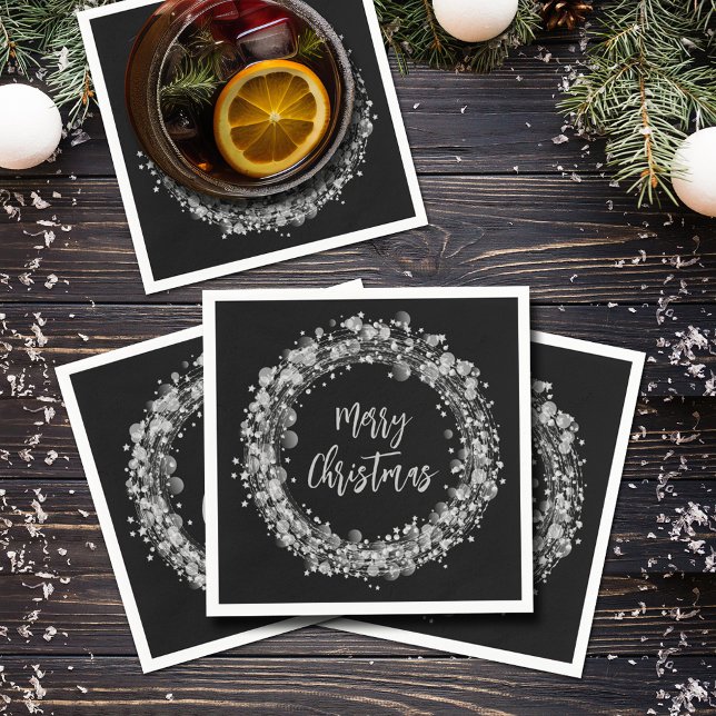 Silver Stars God jul Pappersservett (Silver Stars Merry Christmas on Black Napkins)