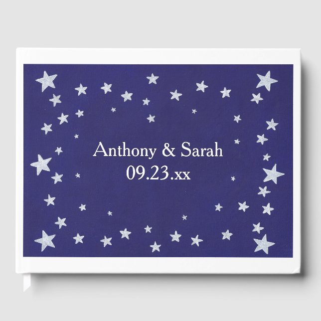 Silver Stars Gräns på Guestbook Navy Blue Bröllop Gästböcker (Framsida)