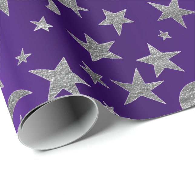 Silver Stars Måne Himlar Metallic Lila Ametyst Presentpapper (Rullad Hörn)