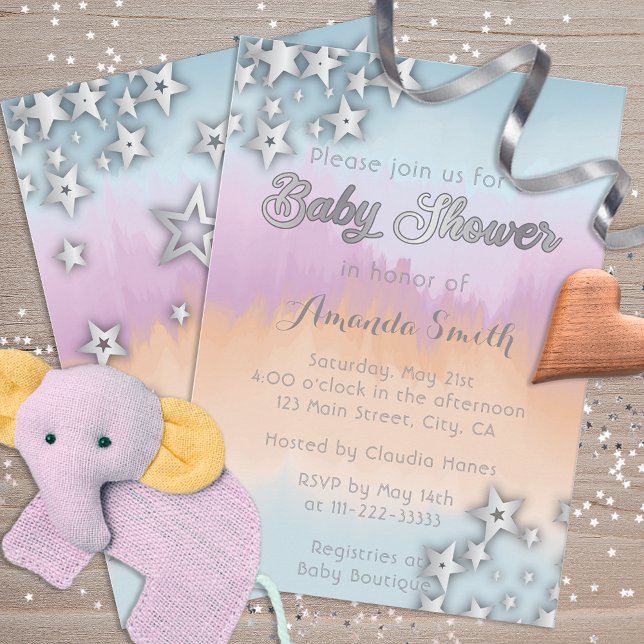 Silver stars på pastel Ombre Baby Shower Inbjudningar (Skapare uppladdad)