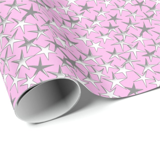 Silver Stars på Pastel Rosa Presentpapper (Rullad Hörn)