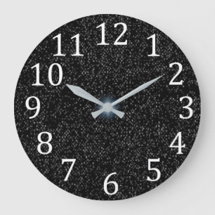 Silver Stars Speckles on Black White Numbers Clock Stor Klocka