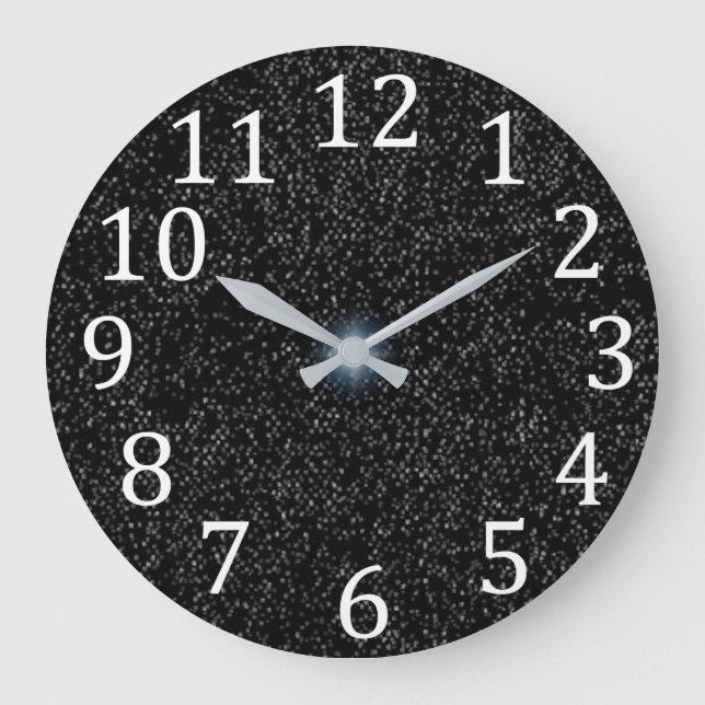 Silver Stars Speckles on Black White Numbers Clock Stor Klocka (Framsida)