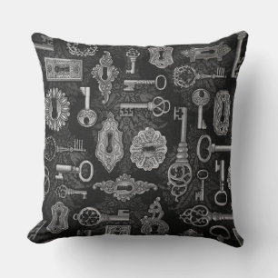 Silver Steampunk Nycklar och Nyckel Hål Dekorativ Kudde