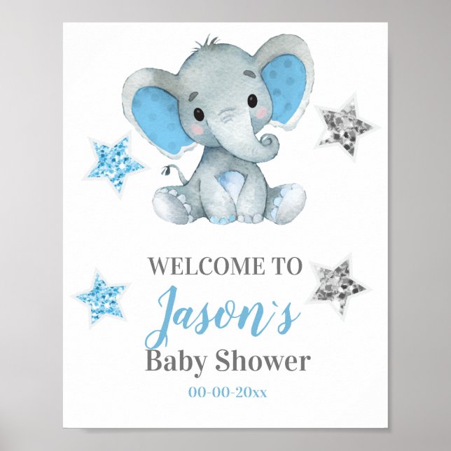 Silver stjärnor Elephant Welcome Sign, Boy Shower Poster (Framsidan)
