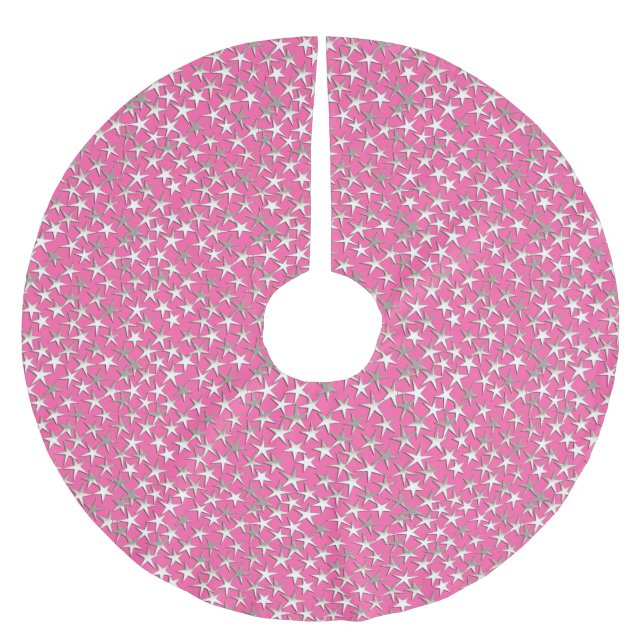 Silver stjärnor på fuchsisk rosa julgransmatta borstad polyester (Framsidan)