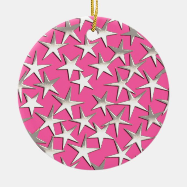 Silver stjärnor på fuchsisk rosa julgransprydnad keramik (Framsidan)