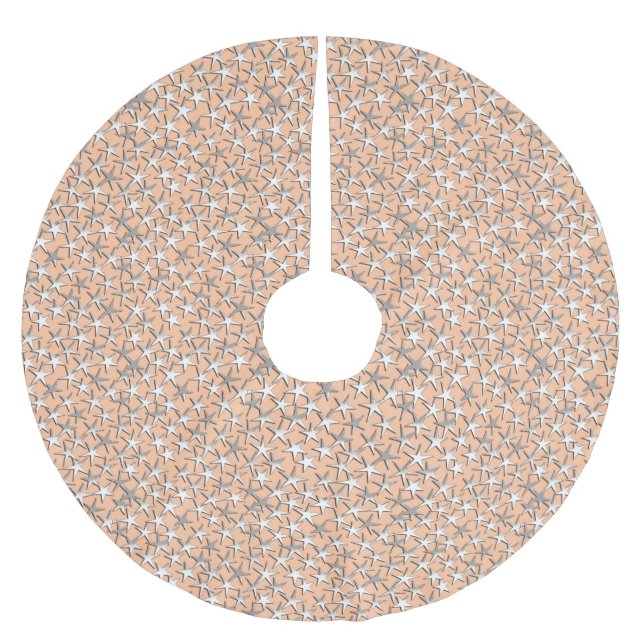 Silver stjärnor på persiko rosa julgransmatta borstad polyester (Framsidan)