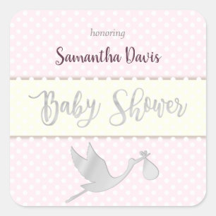Silver Stork Flicka Baby Shower Fyrkantigt Klistermärke