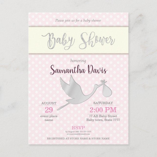 Silver Stork Flicka Baby Shower Inbjudan Vykort (Framsida)