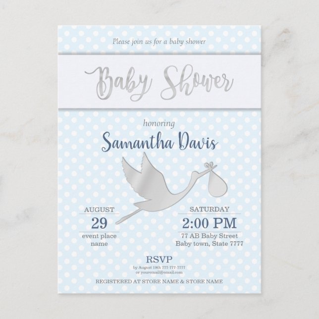 Silver Stork Pojke Baby Shower Inbjudan Vykort (Framsida)