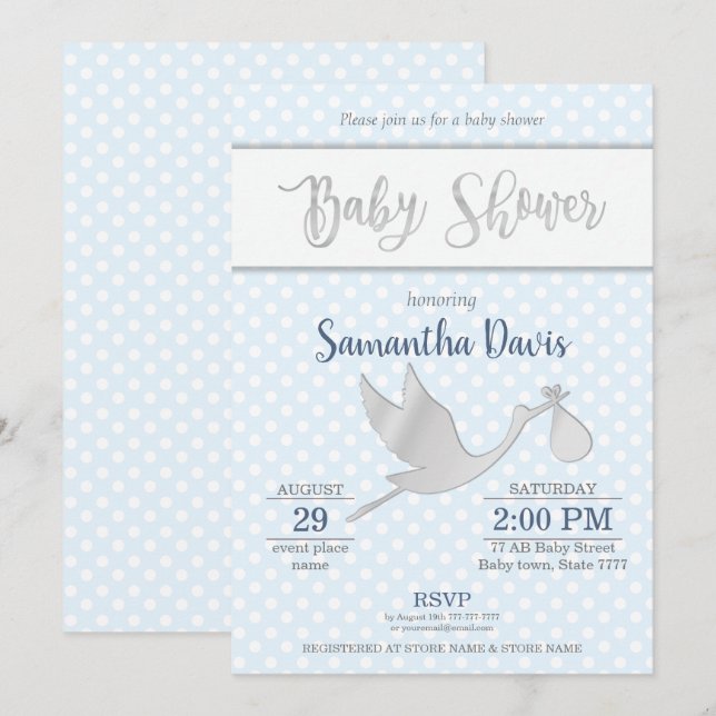 Silver Stork Pojke Baby Shower Inbjudningar (Fram/baksida)