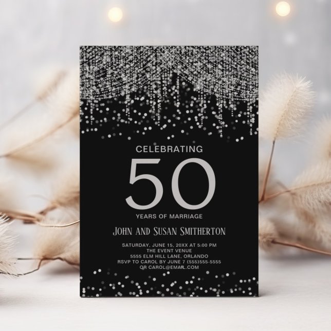 Silver Sträng Ljus Glitter Svart 50-årsjubileum Inbjudningar (Elegant silver and black 50th anniversary invitation)