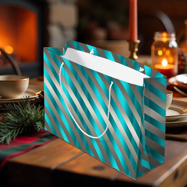 Silver Stripe Aqua Modern jul (Silver Striped Aqua Modern Christmas Gift Bag by the Olde Christmas Shoppe)