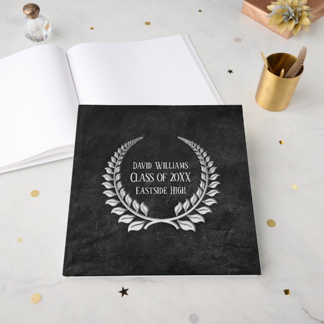 Silver Studenten Laurel om svart läder Gästböcker (Framsidan öppen)