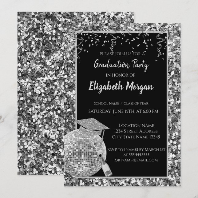 Silver Studentmössa,Disco Boll,Vin,Sequins Inbjudningar (Fram/baksida)